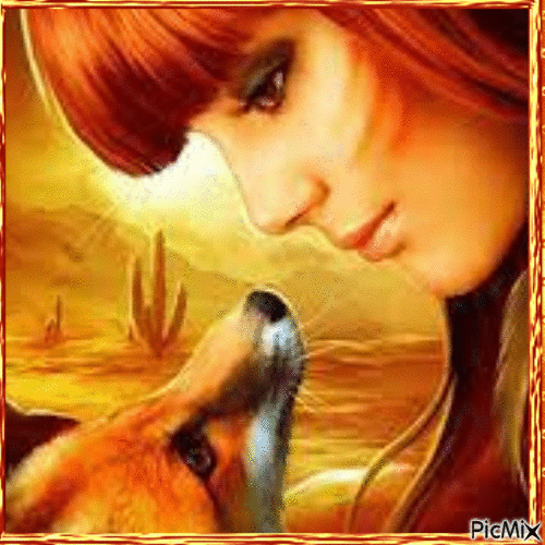 Peinture artistique d'une femme et un renard - GIF animate gratis
