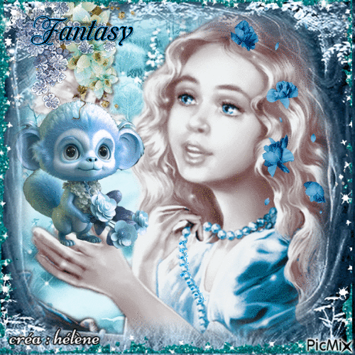 Enfant fantasy avec un singe _ tons bleus - Gratis animeret GIF