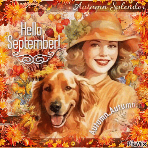 Hello September Autumn woman dog - GIF animado grátis