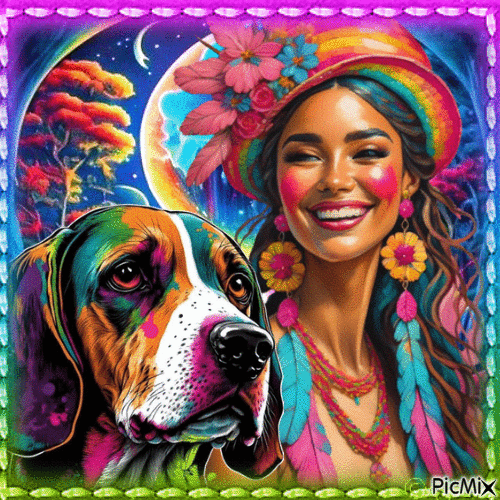 Femme et son chien/couleur - Besplatni animirani GIF