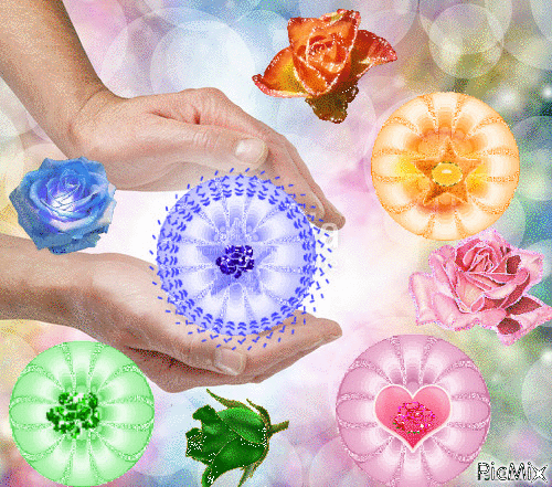 BLUE,ORANGE,PINK,AND GREEN CIRCLES, WITH STARS, HEARTSINSIDE, TWO HANDS HOLD THE BLUE ONE, AND A PINK,BLUE,GREEN,AND A BLUE FLOWER. - GIF animate gratis