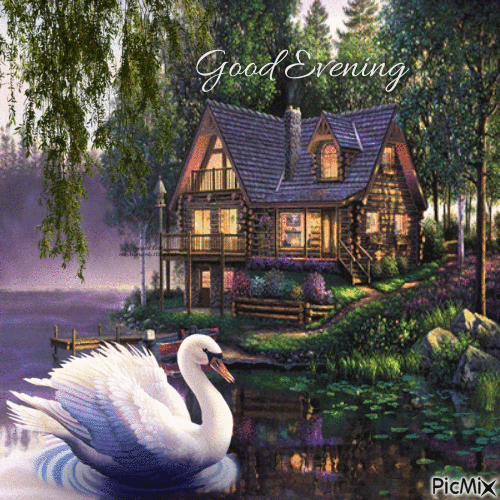 Good Evening Swan and House by the Lake - Бесплатный анимированный гифка