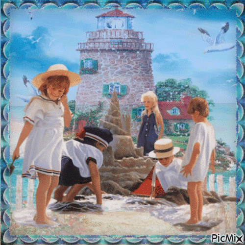 Children at the beach - 免费动画 GIF