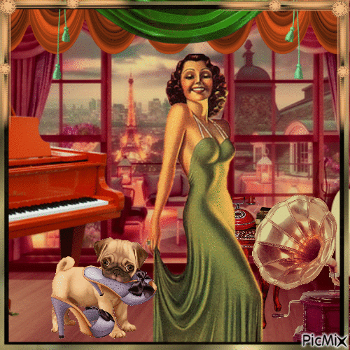 Femme vintage avec son chien beige - Бесплатный анимированный гифка