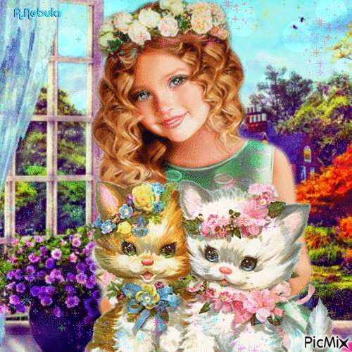 Little girl and her cat-contest - GIF animado grátis