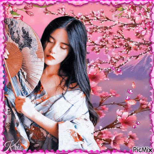 Femme asiatique avec éventail et sakura - Δωρεάν κινούμενο GIF