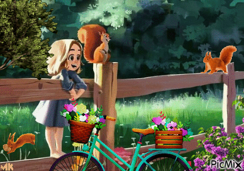Cojo flores con ardillas - GIF animate gratis
