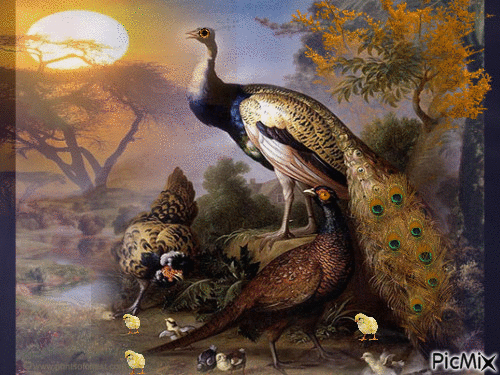 PEACOCKS AND THEIR LITTLE ONES IN A DESERT SCENE. THERE IS A HIDDEN LIGHT FLASHING ALL AROUND. - GIF animado gratis