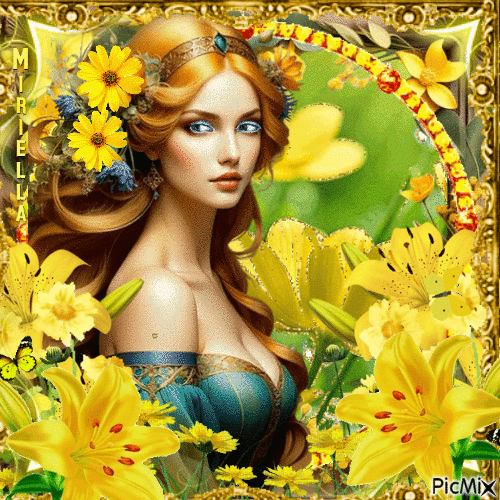Contest! La  belle  et  ses  fleurs jaunes - Free animated GIF