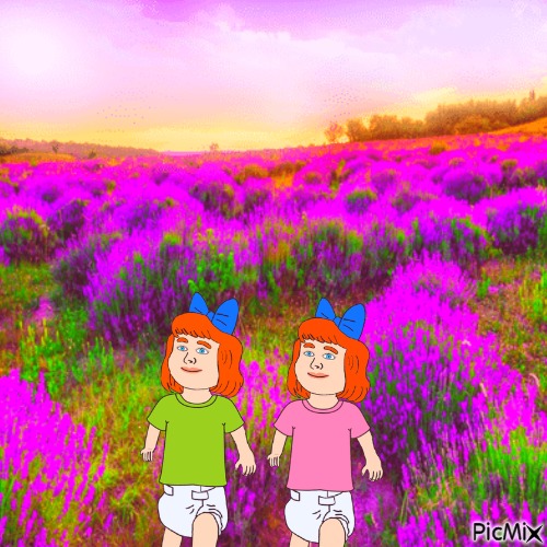 Redhead twins in flower field - png ฟรี