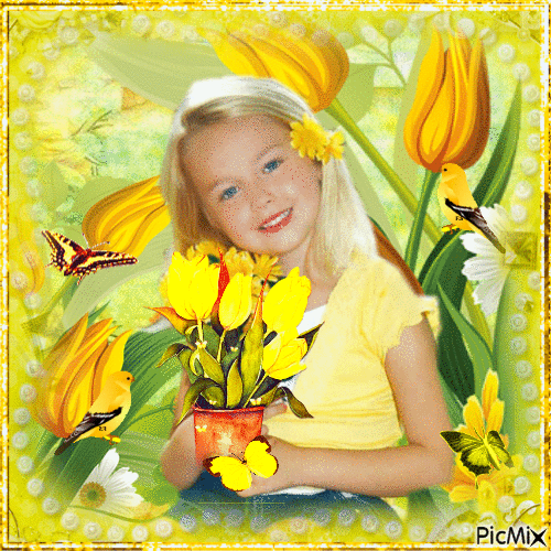 meisje met gele tulpen - GIF animé gratuit