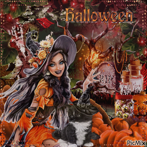 Halloween-Hexe & schwarze Katze - GIF animado grátis