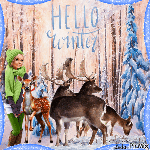 Hello Winter. Deer in winter forest - Bezmaksas animēts GIF