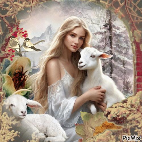 Femme avec des moutons - Gratis animerad GIF