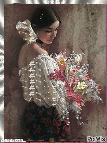 femme avec un bouquet de fleur - 無料のアニメーション GIF