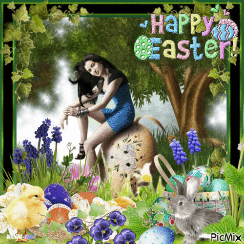 Easter-woman-flowers-animals - Gratis geanimeerde GIF