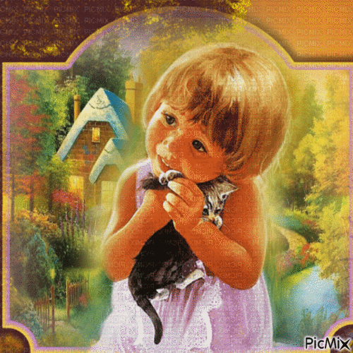 Petite fille et son chat - Free animated GIF