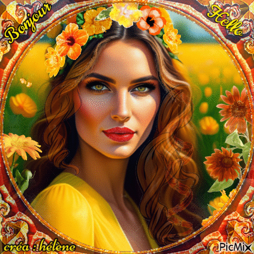 concours : Portrait de femme en orange et jaune - GIF animé gratuit
