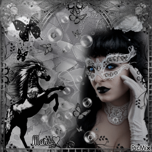 mujer de mascara y su caballo - Δωρεάν κινούμενο GIF