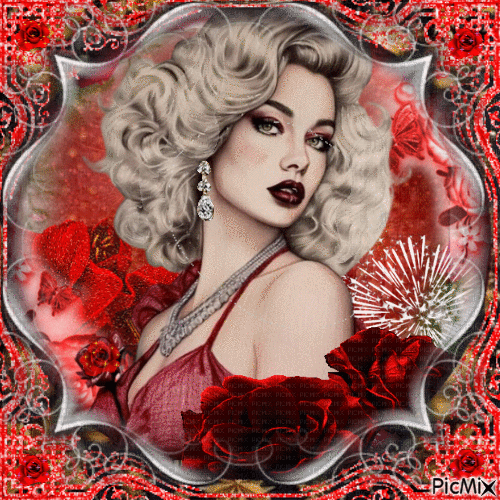 ready to party Fille blonde en rouge avec des roses rouges - Free animated GIF