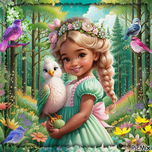 La niña y los pájaros. - Free animated GIF