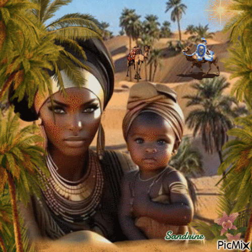 la mère et son enfant dans le désert - Gratis geanimeerde GIF