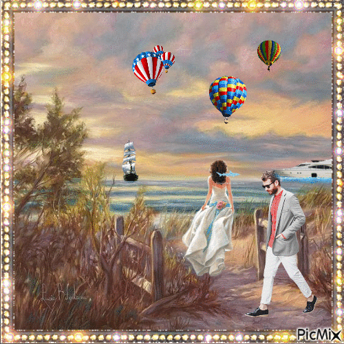 balloons over the sea - GIF animado grátis