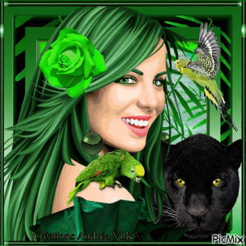 EXOTIQUE VERT - PORTRAIT PANTHERE ET PERROQUETS - Free animated GIF