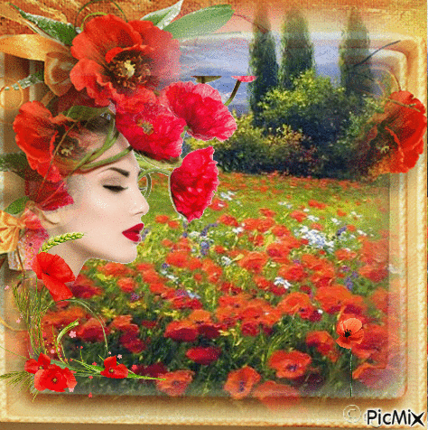 woman with poppies - GIF animate gratis