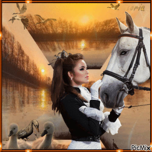 femme avec un cheval - GIF animé gratuit