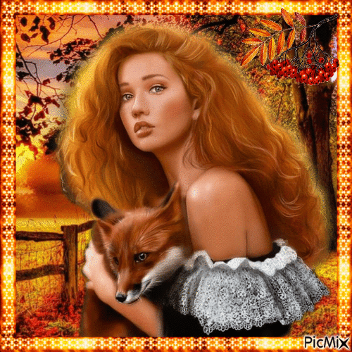 Herbstmädchen mit einem Fuchs - 無料のアニメーション GIF