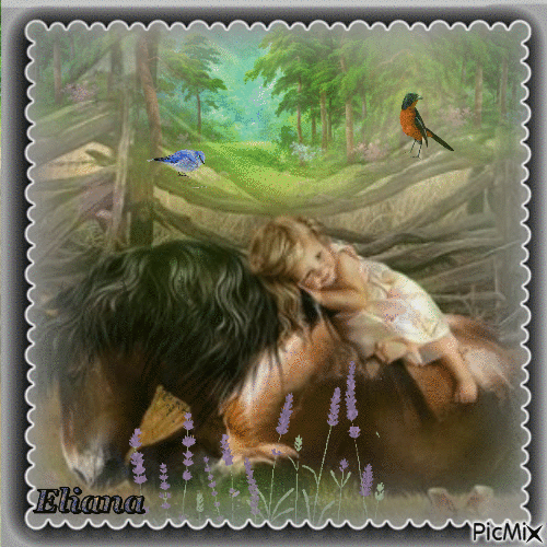 Pintura em aquarela de uma menina e um cavalo - Безплатен анимиран GIF