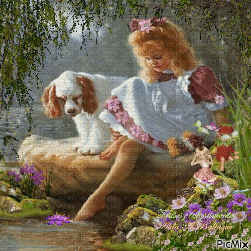 Girl with her dog at the water's edge - Free animated GIF