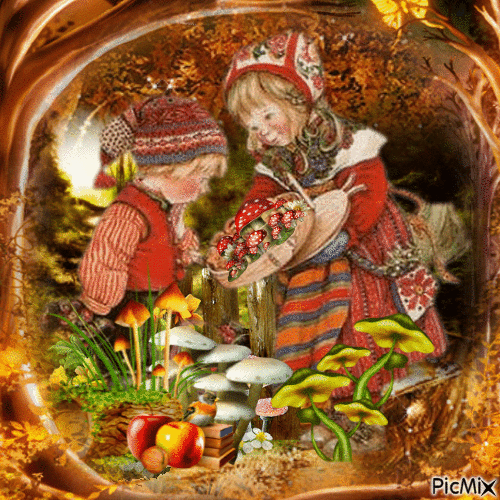Deux enfants cherchent des champignons dans la forêt - Ingyenes animált GIF