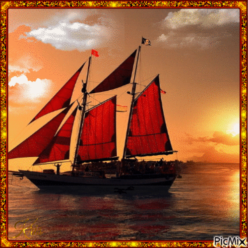 Navire avec des voiles rouges - Free animated GIF