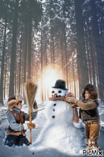 enfants et bonhomme de neige - GIF animado grátis