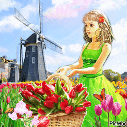 Fille et tulipes - Безплатен анимиран GIF