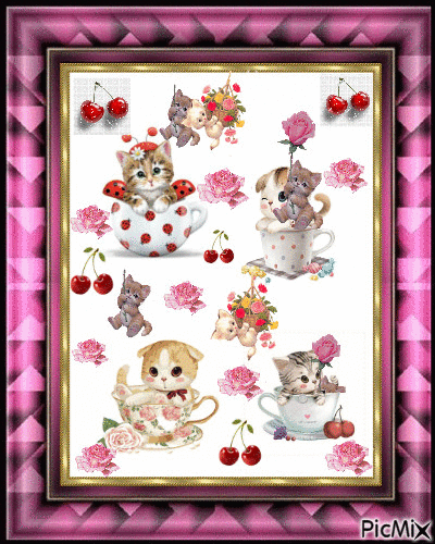 FOUR KITTENS IN CUPS, FOUR KITTENS FLOATING DOWN AND ALSO LANDING IN CUPS, PINK ROSES, RED CHERRIES, AND KITTENS SWING ON POTS OF FLOWERS, IN A PRETTY PURPLE FRAME. - Free animated GIF