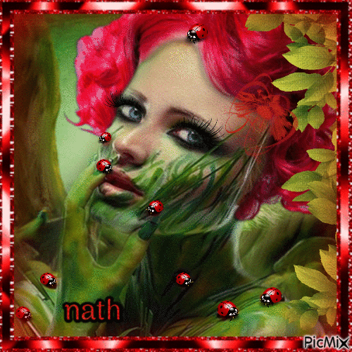 Portrait de femme en rouge et vert,concours - Gratis geanimeerde GIF