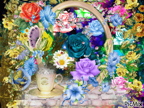 ALL COLORS OF FLOWERS FLASHING, PRETTY BASKET WITH A CUP OF HOT COFFEE. - Бесплатни анимирани ГИФ