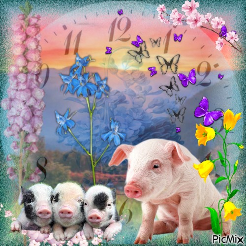 Little pigs and flowers - PNG gratuit