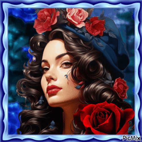 Belle brune avec chapeau et roses en bleu -rouge - 免费动画 GIF