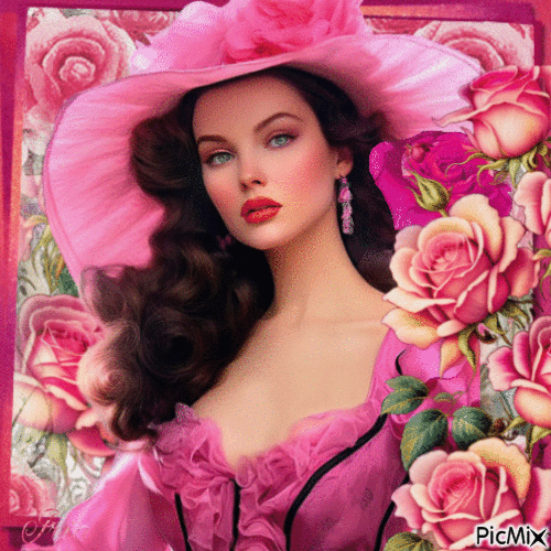 Femme avec un chapeau et une rose - 無料のアニメーション GIF