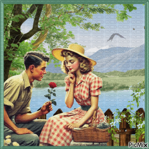 Un rendez-vous au bord du lac en montagne - vintage. - GIF animé gratuit