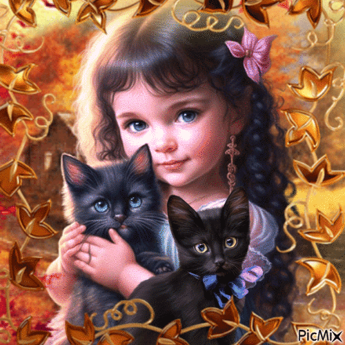 La fillette et ses chats - 無料のアニメーション GIF
