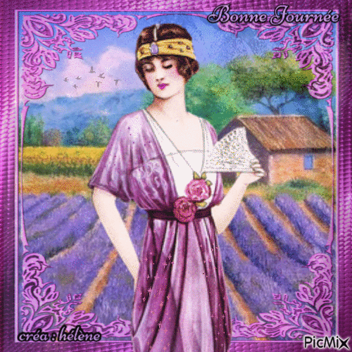 " Femme vintage dans un champ de lavandes " - Zdarma animovaný GIF