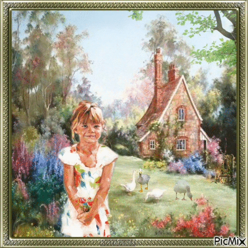 Das Mädchen und der Garten--Aquarell - Бесплатный анимированный гифка