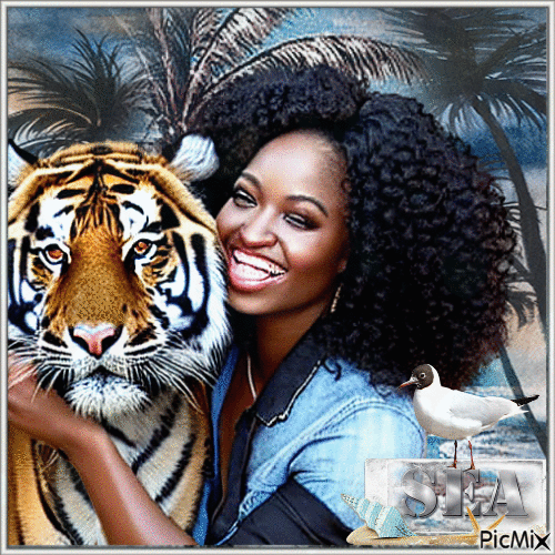 Woman and tiger, by the sea - GIF animado gratis