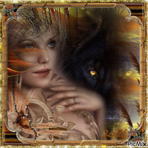 splendeur du loup et jolie femme - Δωρεάν κινούμενο GIF