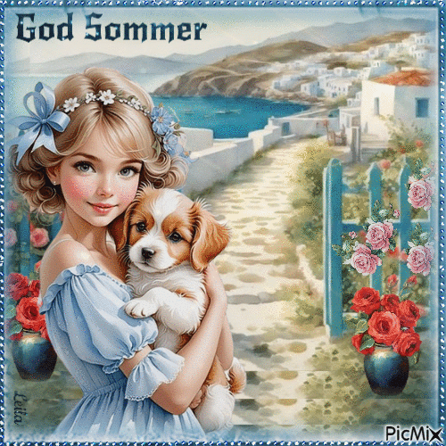 Happy Summer. Girl, dog, sea view - Nemokamas animacinis gif